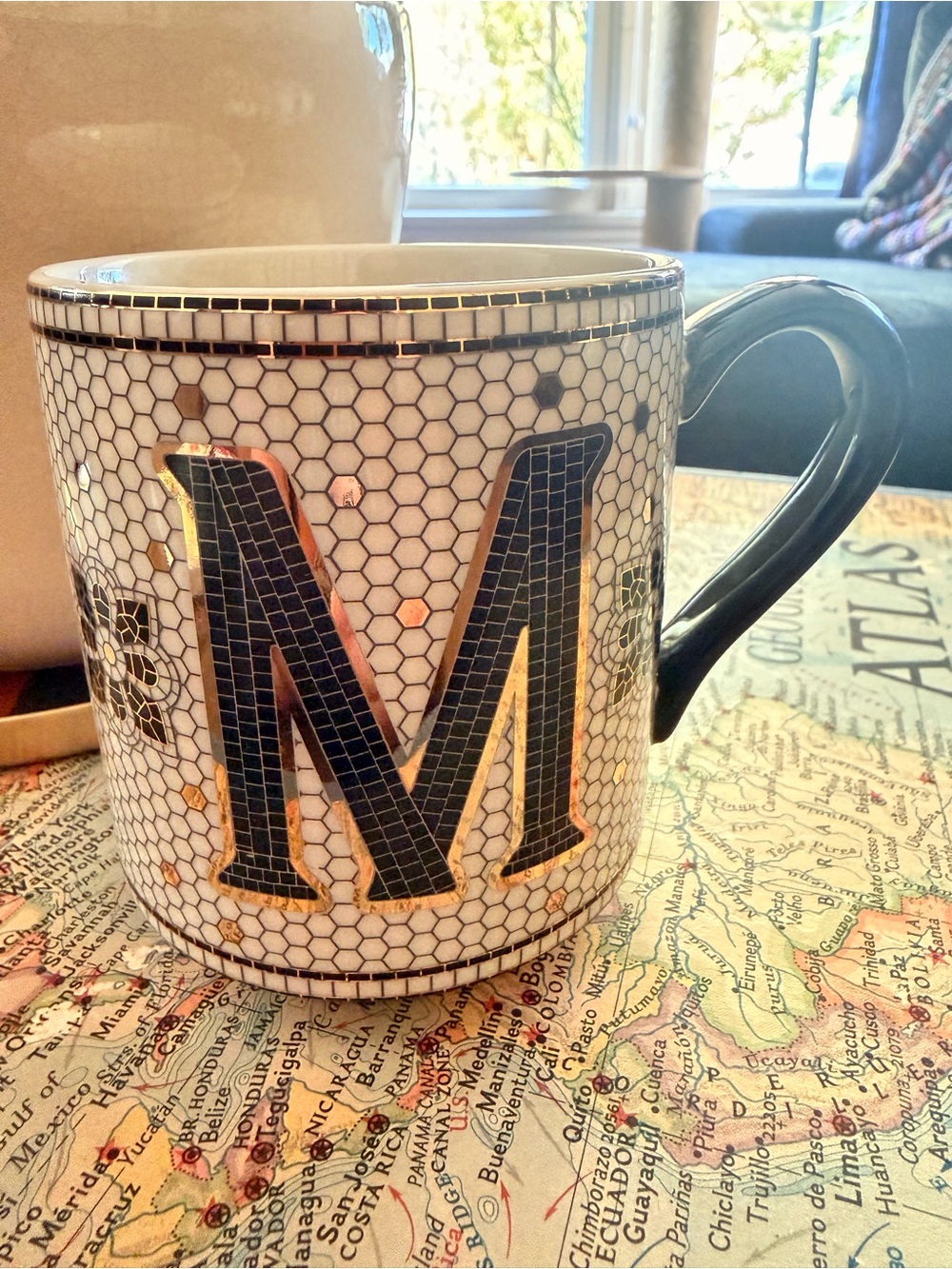 Anthropologie Bistro Monogram M Ceramic Mug in Black and Gold